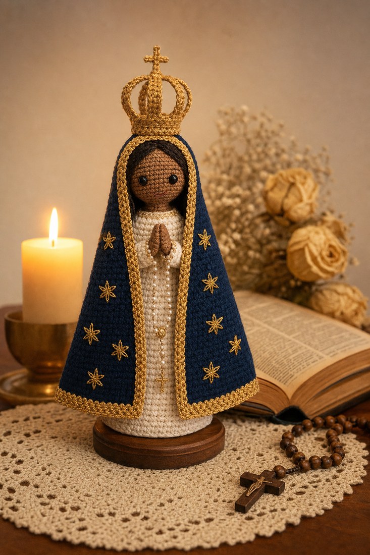 Nossa Senhora Aparecida em crochê com coroa dourada e cena devocional