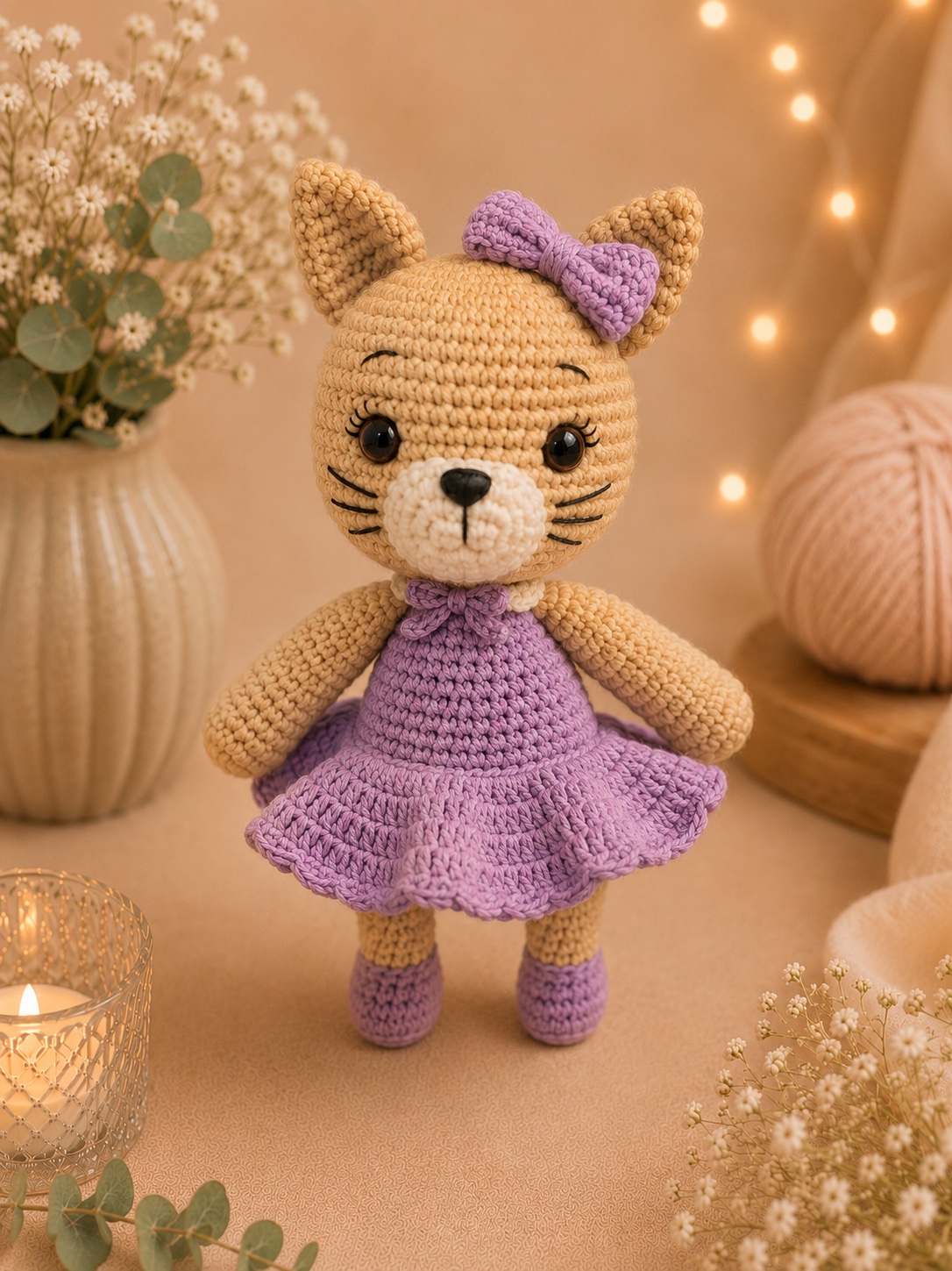 Gatinha Belle em crochê com vestido rosa e bolsinha