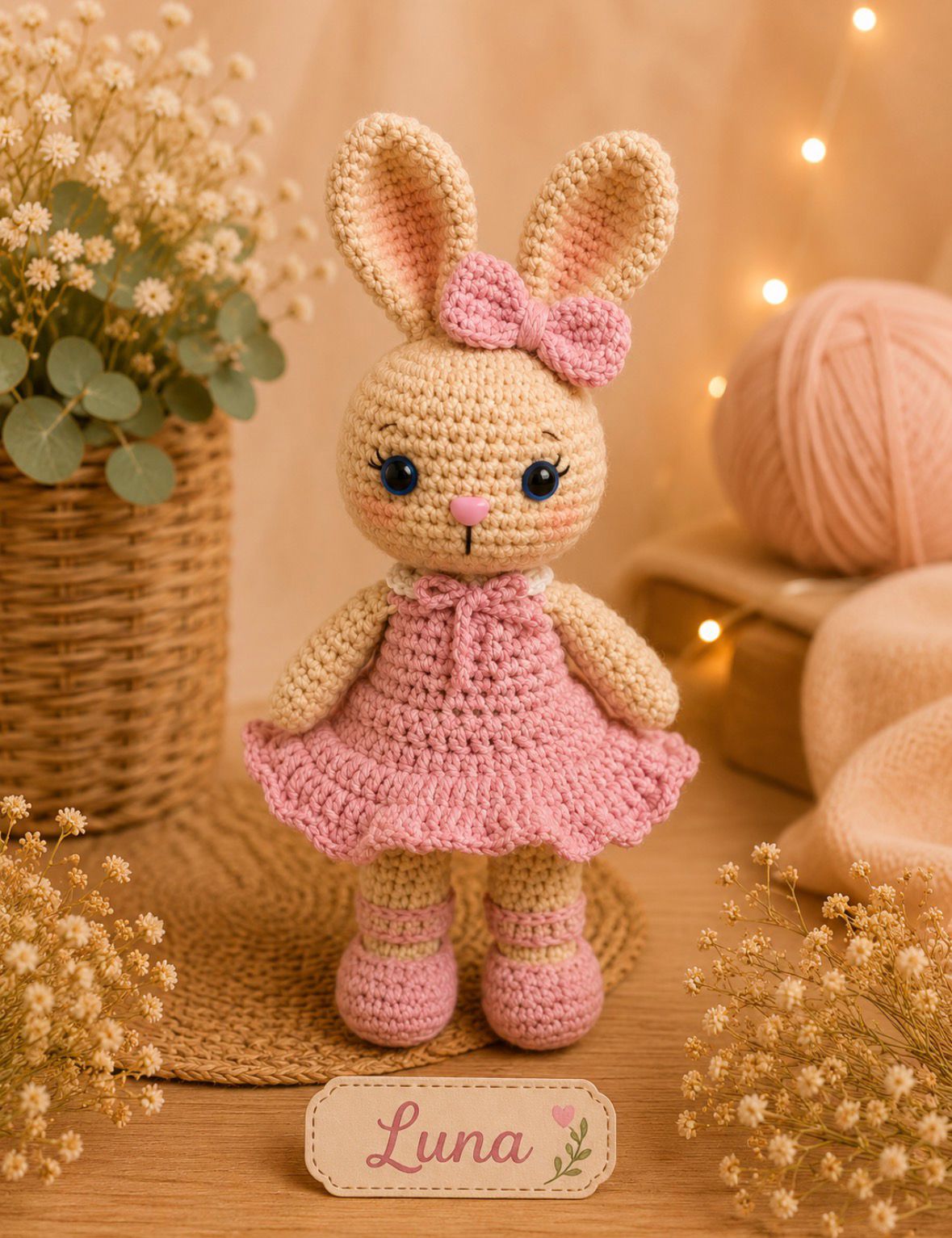 Coelhinha Luna em crochê com vestido rosa - Afeto em Fios