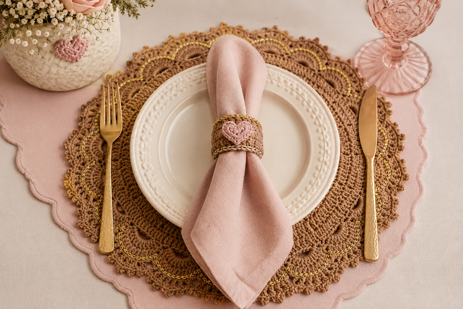 Mesa posta com souplat de crochê caramelo e porta-guardanapo coração rosé - Mesa Posta Amante dos Fios